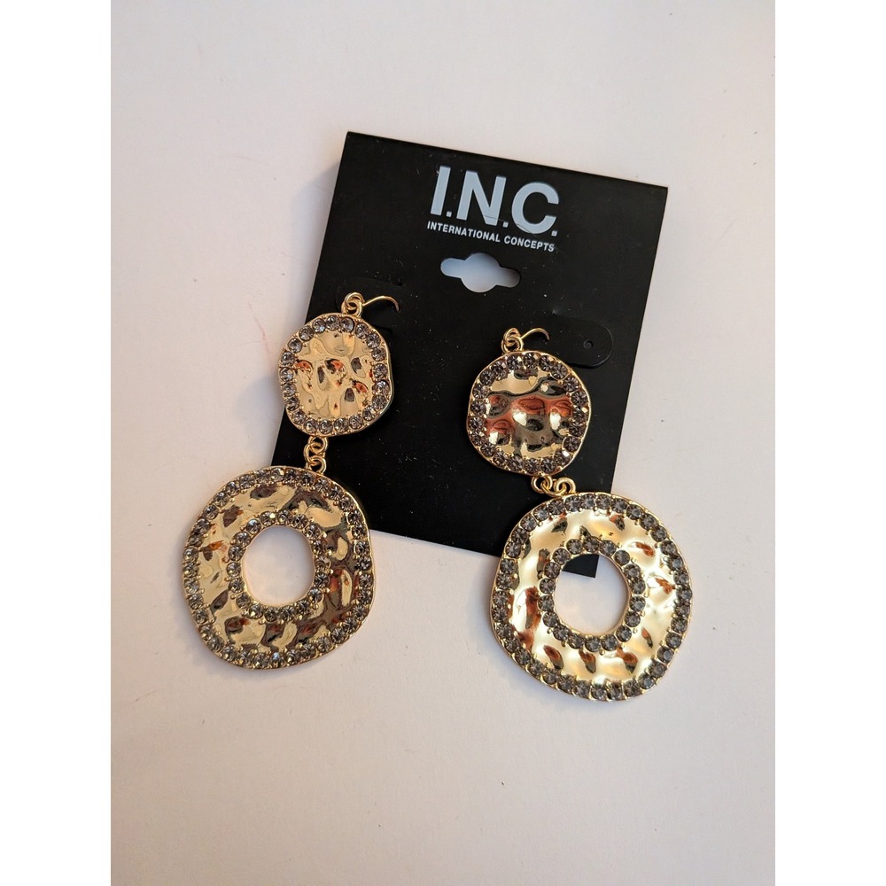 INC International Concepts Gold Hammered Rhinestone Pave Circle Drop Earrings
